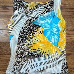 Y2K Cowl Neck Vibrant Sleeveless Top with Blue and Yellow Floral Design